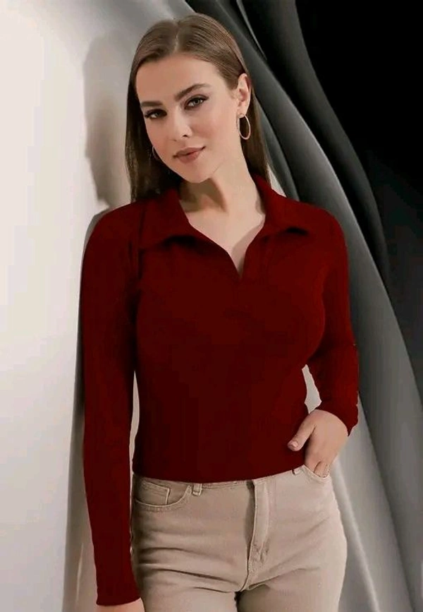 Casual Polyester Blend Ribbed Collar V-Neck & Regular Long Sleeves Stylish Top  - Xs