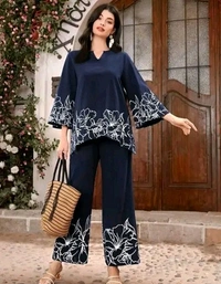 Rayon embroidery blue Top and bottom set co order set women and girls - XXL