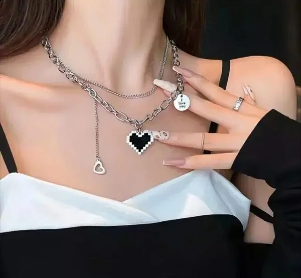 ✨ SUYUG'S Pixel Heart Layered Necklace – Trendy Love Chain for Women & Girls ✨