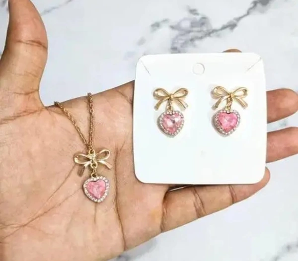 💖 Avira Pink Heart Charm Set – Elegant Necklace & Earring Duo for Girls & Women