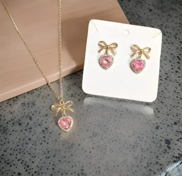 💖 Avira Pink Heart Charm Set – Elegant Necklace & Earring Duo for Girls & Women
