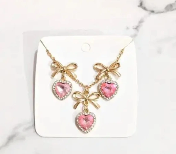 💖 Avira Pink Heart Charm Set – Elegant Necklace & Earring Duo for Girls & Women