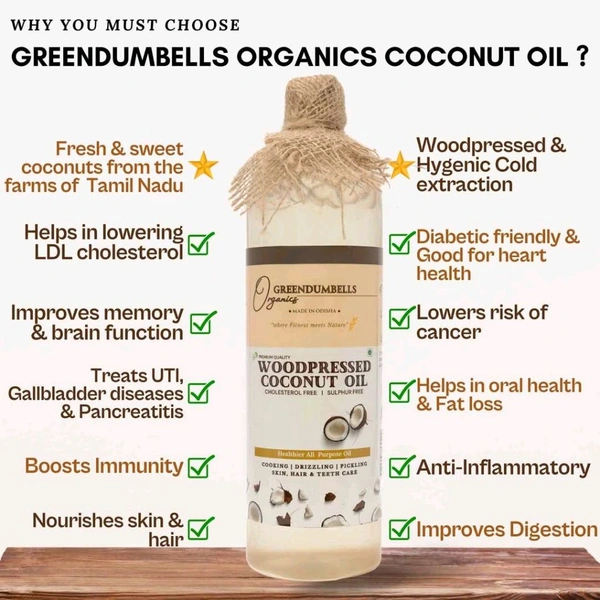 Green Dumbells Woodpressed Coconut Oil– Woodpressed | Chemical-Free | For Cooking & Skin Care - 500 Gm