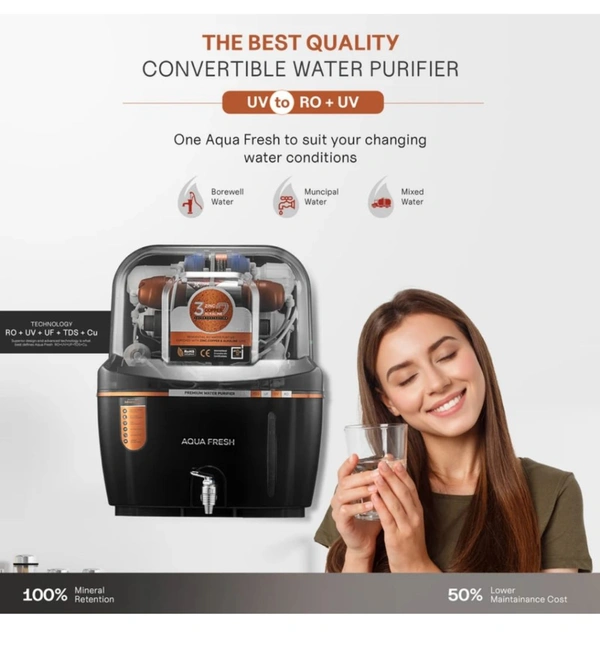 AUA MINI BLACK SWIFT 10 L RO + UV + UF + Copper + TDS Control Water Purifier with Prefilter - Black