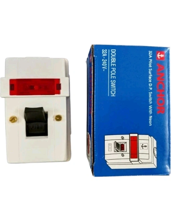 (GRYS. F) Anchor Polycarbonate Surface DP Switch with Neon WH, 32A, White 39094 - 1