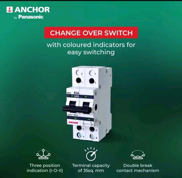 (XRYRF) Anchor by Panasonic 98084 UNO Series 63 Ampere Dual Pole Change Over Switch Circuit Breaker Safe Reliable Protection, - 63, 1