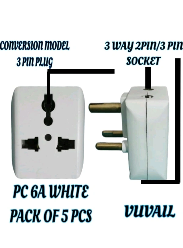(GRSF) Conversion Model 3 Way Multi Socket(2 Pin And3 Pin) 3 Pin Top Plugs| PC 6A 240V| White Pack of 5 Pcs - 10, 6