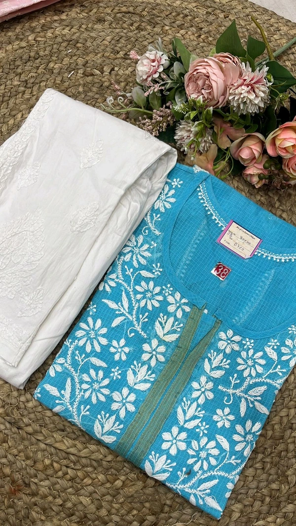 Chikankari Set On Kota With Cotton Pant