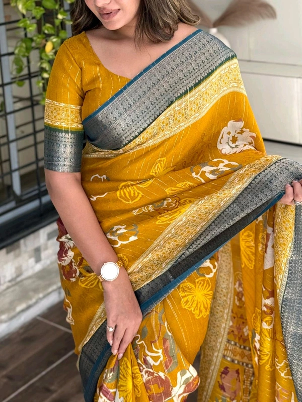 


FABRIC DETAILS :-
Simple yet elegant,
Make every moment special with our exclusive printed collection

Fabric-
Saree-Pure Delta moss

SIZE-
Saree-6.30 mtr with running Blouse
