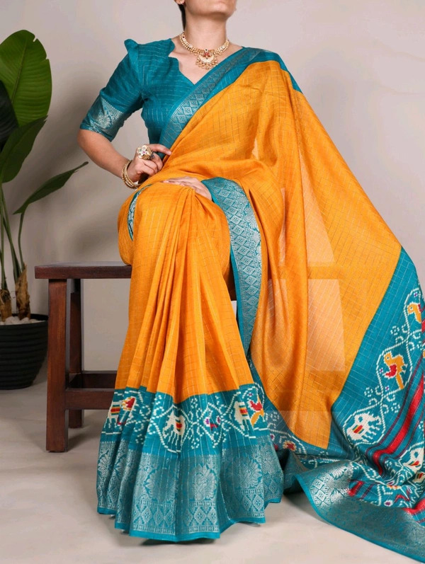 
Saree Fabric : Tasar Chex  
Saree Work : Patola Print With Weaving Work Border 
Saree Length : 5.5 meter 

*Blouse(Unstitched)*
Blouse Fabric : Tasar Chex  
Blouse Work : Weaving Work Border 
Blouse Length : 0.80 meter


