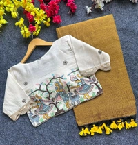 Fabric :-  Khadi cotton 

Blouse :- Pure Khadi Cotton  (size 38alterable upto 42)

 *Rate :-₹ 1275/-* - 38 To 42