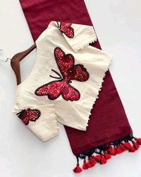 Fabric :-  Khadi cotton 

Blouse :- Pure Khadi Blouse (size 38 alterable upto 42)

 *Rate :-₹ 1325/-*
Unpea15july - 38 To 42