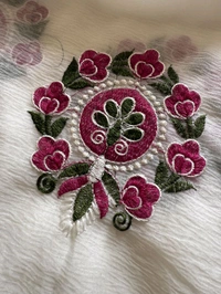 Pure crush Georgette chiffon  Saree with premium floral embroidery all over the Saree with scallop embroidery Border
Blouse:- contrast lucknowi Sequence embroidery blouse.