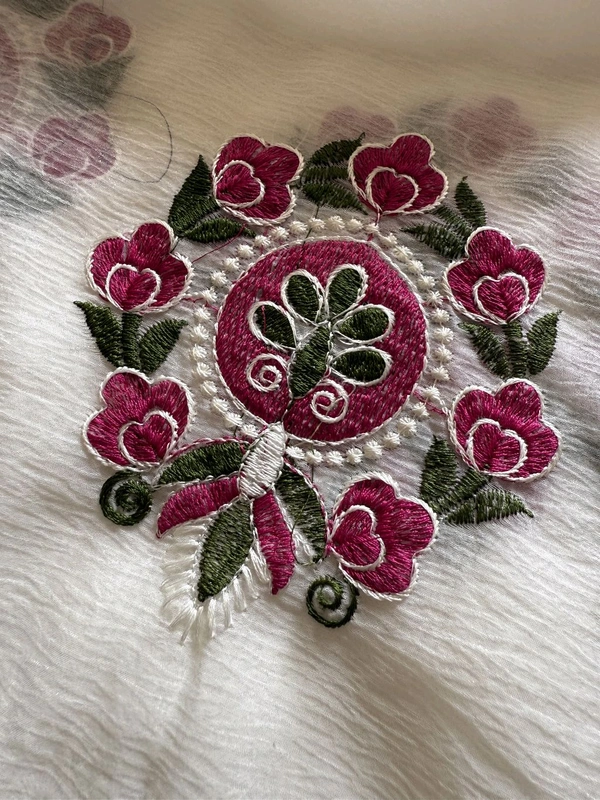 Pure crush Georgette chiffon  Saree with premium floral embroidery all over the Saree with scallop embroidery Border
Blouse:- contrast lucknowi Sequence embroidery blouse.