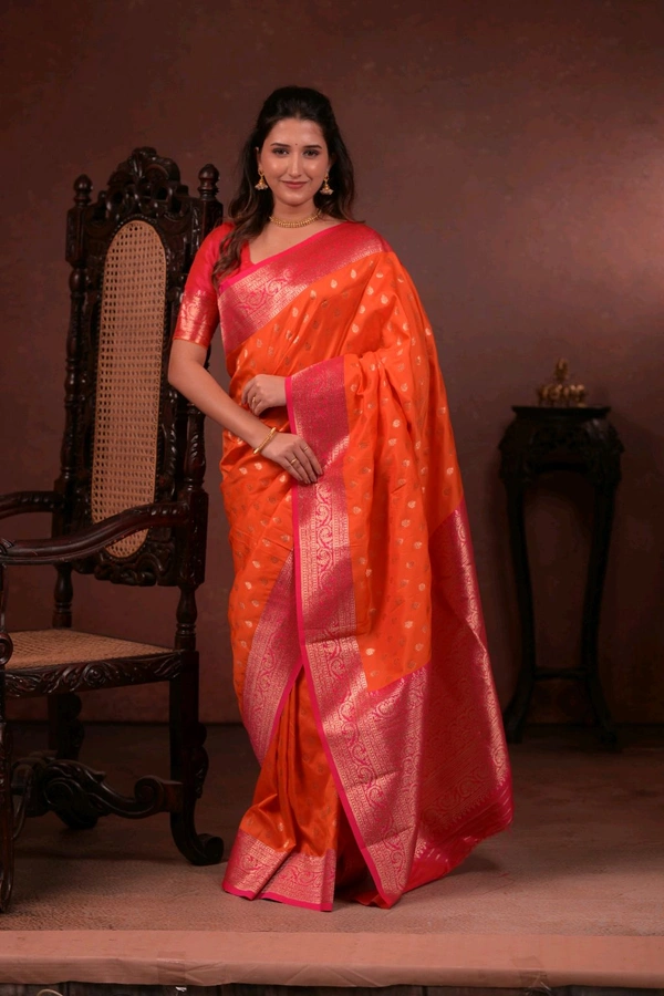 

*Catlogue :- Banarasi-Vol-5*

Saree :-* Soft And pure banarasi silk saree with self weaving design all over the saree & zari weaving Rich pallu with zari weaving unique border & heavy rich Pallu.

Blouse :-*  Soft And Pure silk weaving unique blouse piece with small zari motifs & rich border.
Premium Quality.
