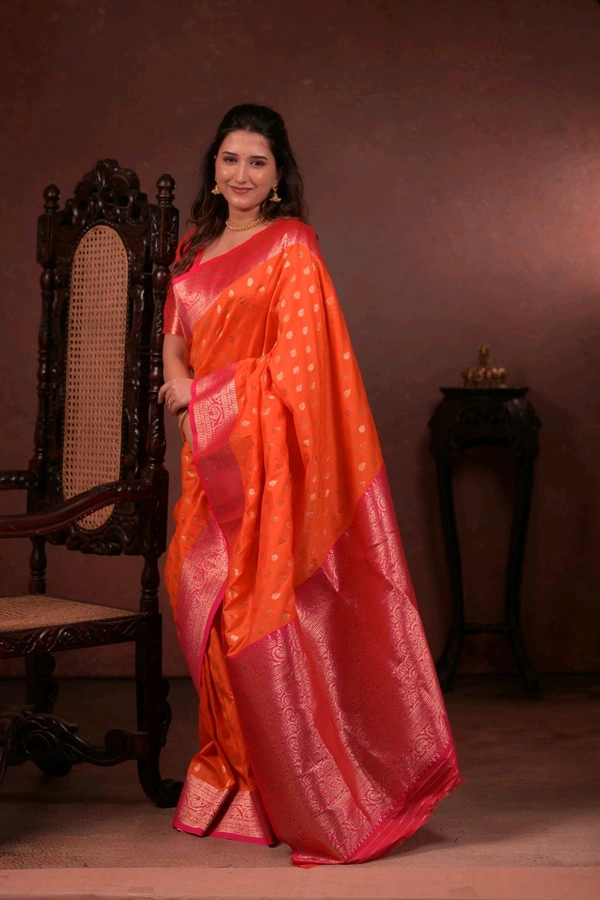

*Catlogue :- Banarasi-Vol-5*

Saree :-* Soft And pure banarasi silk saree with self weaving design all over the saree & zari weaving Rich pallu with zari weaving unique border & heavy rich Pallu.

Blouse :-*  Soft And Pure silk weaving unique blouse piece with small zari motifs & rich border.
Premium Quality.
