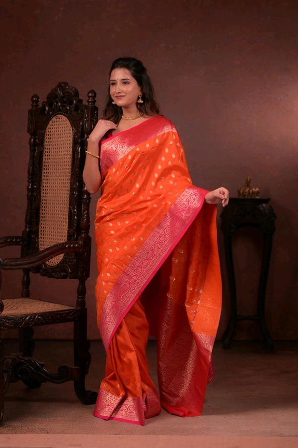 

*Catlogue :- Banarasi-Vol-5*

Saree :-* Soft And pure banarasi silk saree with self weaving design all over the saree & zari weaving Rich pallu with zari weaving unique border & heavy rich Pallu.

Blouse :-*  Soft And Pure silk weaving unique blouse piece with small zari motifs & rich border.
Premium Quality.

