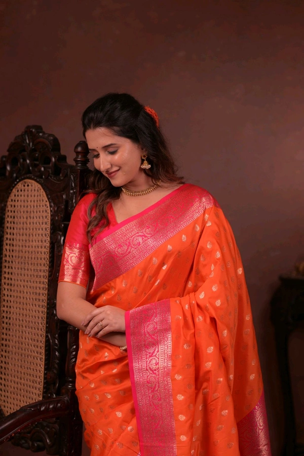 

*Catlogue :- Banarasi-Vol-5*

Saree :-* Soft And pure banarasi silk saree with self weaving design all over the saree & zari weaving Rich pallu with zari weaving unique border & heavy rich Pallu.

Blouse :-*  Soft And Pure silk weaving unique blouse piece with small zari motifs & rich border.
Premium Quality.
