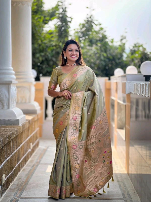 

*Catlouge : Banarasi-5*

*Saree :-* A Banarasi silk saree is weaved with Premium soft Silk fabric.It have a Banarasi zari and Meenakari  
combination in body part of saree that gives a geourgeous look for function and festival. 
 Pallu part have Meenakari design with Elegant Meenakari  border 

*Blouse :-*  Soft silk weawing blouse piece with sleeve Border
