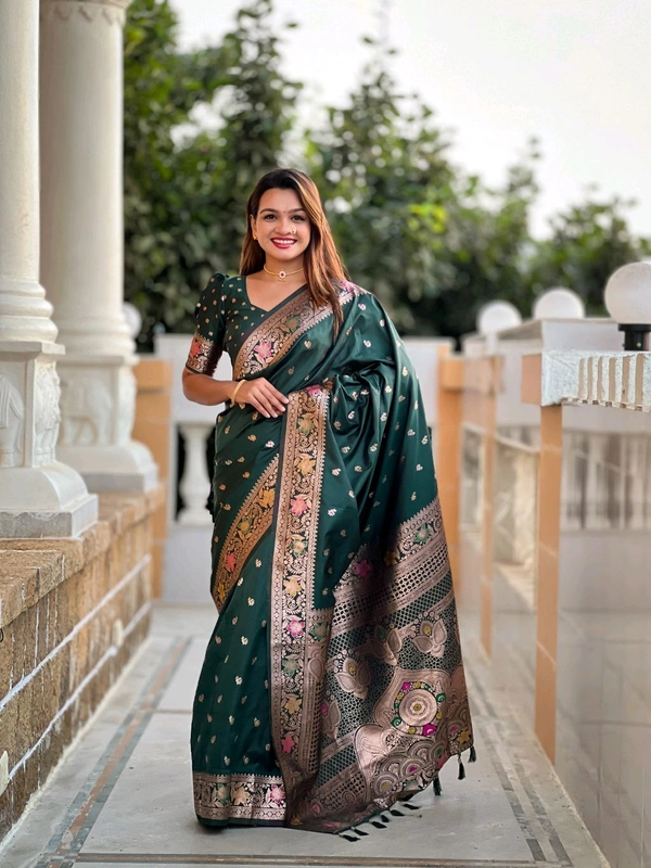 

*Catlouge : Banarasi-5*

*Saree :-* A Banarasi silk saree is weaved with Premium soft Silk fabric.It have a Banarasi zari and Meenakari  
combination in body part of saree that gives a geourgeous look for function and festival. 
 Pallu part have Meenakari design with Elegant Meenakari  border 

*Blouse :-*  Soft silk weawing blouse piece with sleeve Border
