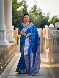

*Catlouge : Banarasi-5*

*Saree :-* A Banarasi silk saree is weaved with Premium soft Silk fabric.It have a Banarasi zari and Meenakari  
combination in body part of saree that gives a geourgeous look for function and festival. 
 Pallu part have Meenakari design with Elegant Meenakari  border 

*Blouse :-*  Soft silk weawing blouse piece with sleeve Border
