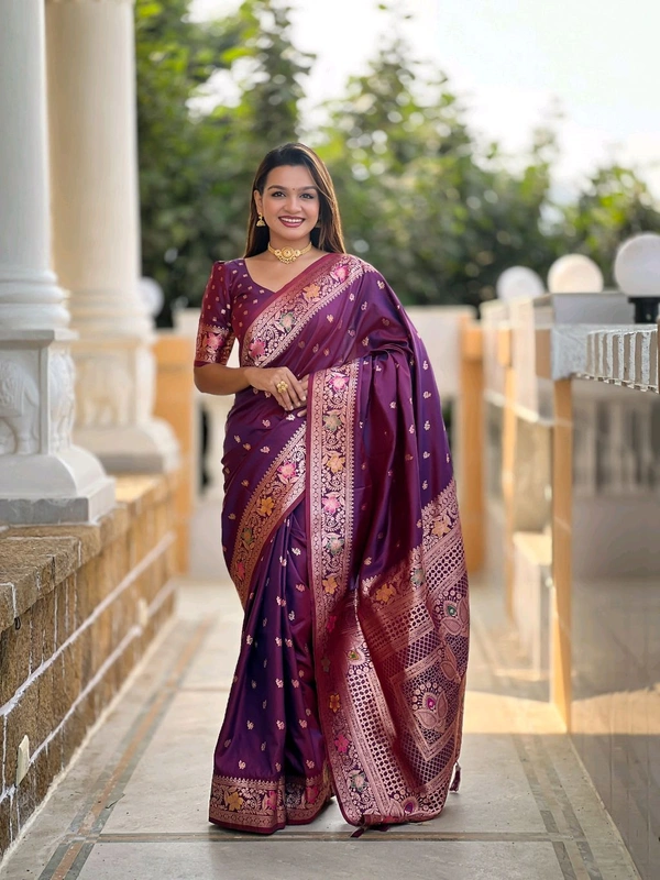 

*Catlouge : Banarasi-5*

*Saree :-* A Banarasi silk saree is weaved with Premium soft Silk fabric.It have a Banarasi zari and Meenakari  
combination in body part of saree that gives a geourgeous look for function and festival. 
 Pallu part have Meenakari design with Elegant Meenakari  border 

*Blouse :-*  Soft silk weawing blouse piece with sleeve Border
