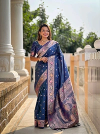

*Catlouge : Banarasi-5*

*Saree :-* A Banarasi silk saree is weaved with Premium soft Silk fabric.It have a Banarasi zari and Meenakari  
combination in body part of saree that gives a geourgeous look for function and festival. 
 Pallu part have Meenakari design with Elegant Meenakari  border 

*Blouse :-*  Soft silk weawing blouse piece with sleeve Border

