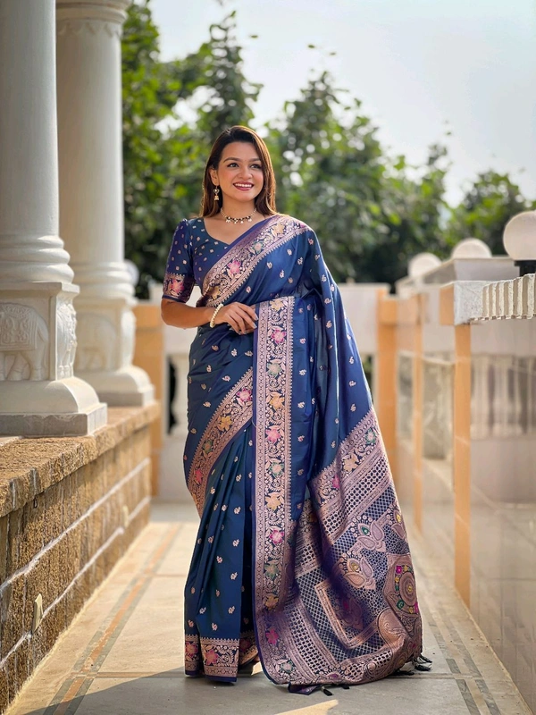 

*Catlouge : Banarasi-5*

*Saree :-* A Banarasi silk saree is weaved with Premium soft Silk fabric.It have a Banarasi zari and Meenakari  
combination in body part of saree that gives a geourgeous look for function and festival. 
 Pallu part have Meenakari design with Elegant Meenakari  border 

*Blouse :-*  Soft silk weawing blouse piece with sleeve Border
