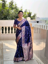 

*Catlouge : Banarasi-5*

*Saree :-* A Banarasi silk saree is weaved with Premium soft Silk fabric.It have a Banarasi zari and Meenakari  
combination in body part of saree that gives a geourgeous look for function and festival. 
 Pallu part have Meenakari design with Elegant Meenakari  border 

*Blouse :-*  Soft silk weawing blouse piece with sleeve Border
