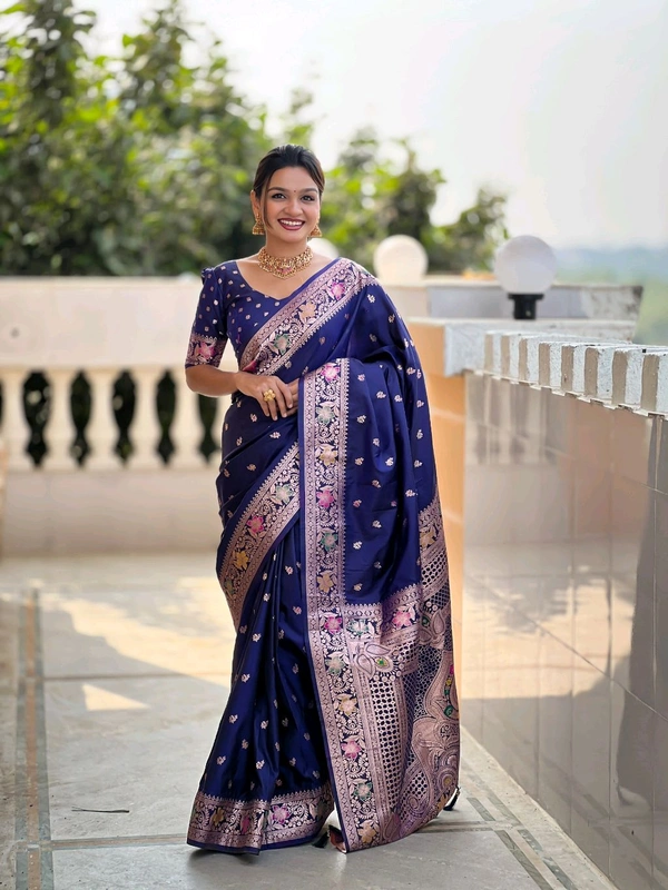 

*Catlouge : Banarasi-5*

*Saree :-* A Banarasi silk saree is weaved with Premium soft Silk fabric.It have a Banarasi zari and Meenakari  
combination in body part of saree that gives a geourgeous look for function and festival. 
 Pallu part have Meenakari design with Elegant Meenakari  border 

*Blouse :-*  Soft silk weawing blouse piece with sleeve Border
