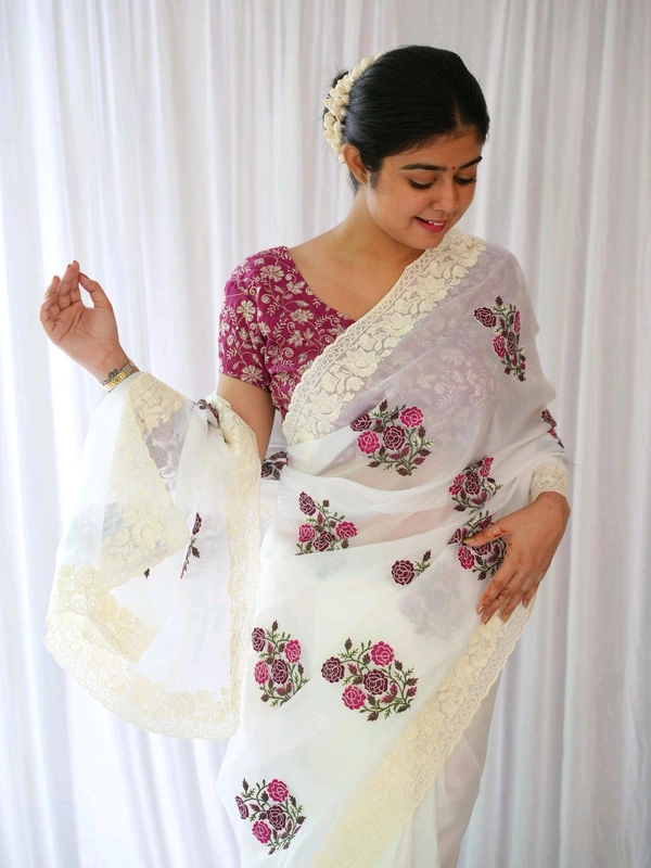 
*Premium Crush Georgette Chiffon Fabric Having Beautiful  Floral Multi Thread Work With Scallop Border On Saree😍*

*Contrast Silk Blouse Having Beautiful Jari And Sequence Embroidery Work 💯*


Stitch blouse size upto ‘44’*

