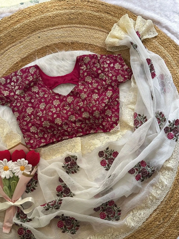 
*Premium Crush Georgette Chiffon Fabric Having Beautiful  Floral Multi Thread Work With Scallop Border On Saree😍*

*Contrast Silk Blouse Having Beautiful Jari And Sequence Embroidery Work 💯*


Stitch blouse size upto ‘44’*

