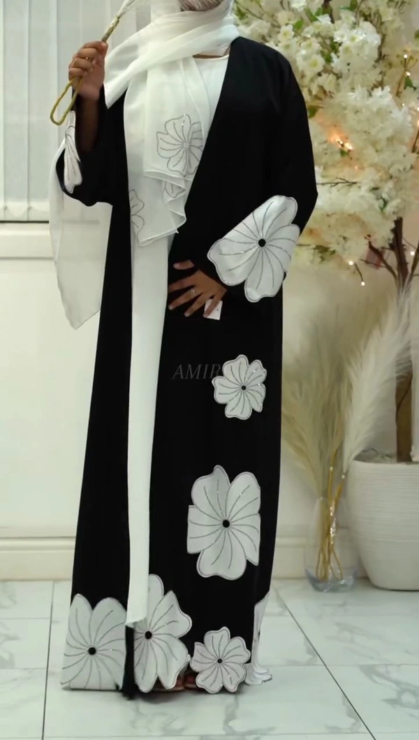 Dream Abaya 2 Pc Shrug Abaya 3D Flower Patch Abaya (Imported) - Black, 58