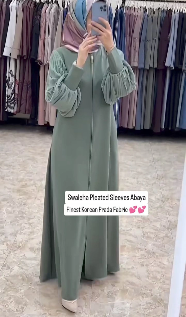 Swaleha Pleated Sleeves Abaya Korean Prada Fabric Zipper Abaya - Black, 56