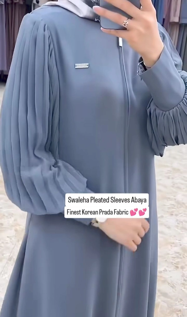 Swaleha Pleated Sleeves Abaya Korean Prada Fabric Zipper Abaya - Black, 56