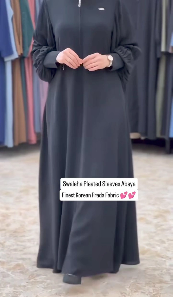 Swaleha Pleated Sleeves Abaya Korean Prada Fabric Zipper Abaya - Black, 56