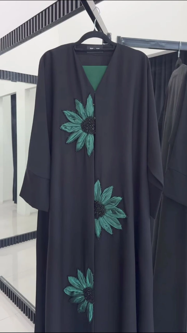 Al Safa Abaya Tissue Handwork Abaya Korean Nida Fabric Abaya (Green) (Imported) - 54
