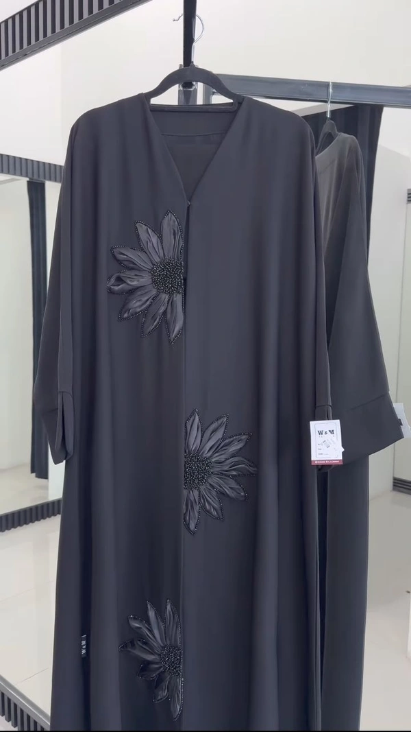 Al Safa Abaya Tissue Handwork Abaya Korean Nida Fabric Abaya (Black) (Imported) - 56