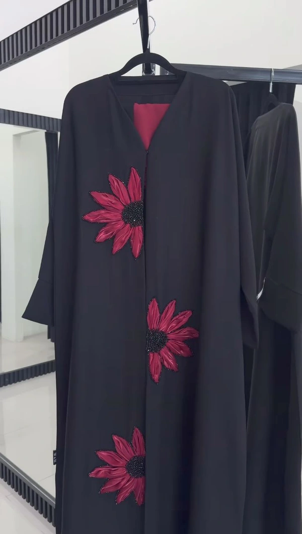 Al Safa Abaya Tissue Handwork Abaya Korean Nida Fabric Abaya (Maroon) (Imported) - 60