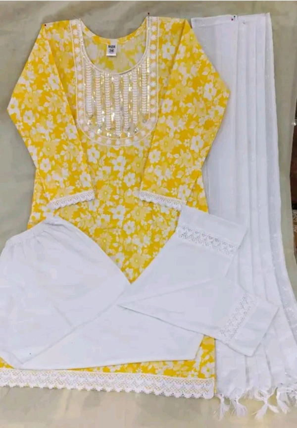  Girl Kurti Set Woma Kurti Yellow kurti set
Name: Yellow kurti set
Kurta Fabric: Khadi Cotton
Bottomwear Fabric: Khadi Cotton
Sleeve Length: Three-Quarter Sleeves
Set Type: Kurta With Dupatta And Bottomwear
Bottom Type: Pants
Pattern: Printed
Net Quantity (N): Pack Of 3
 - M