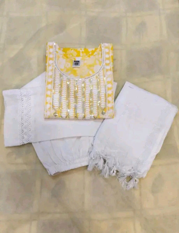  Girl Kurti Set Woma Kurti Yellow kurti set
Name: Yellow kurti set
Kurta Fabric: Khadi Cotton
Bottomwear Fabric: Khadi Cotton
Sleeve Length: Three-Quarter Sleeves
Set Type: Kurta With Dupatta And Bottomwear
Bottom Type: Pants
Pattern: Printed
Net Quantity (N): Pack Of 3
 - M