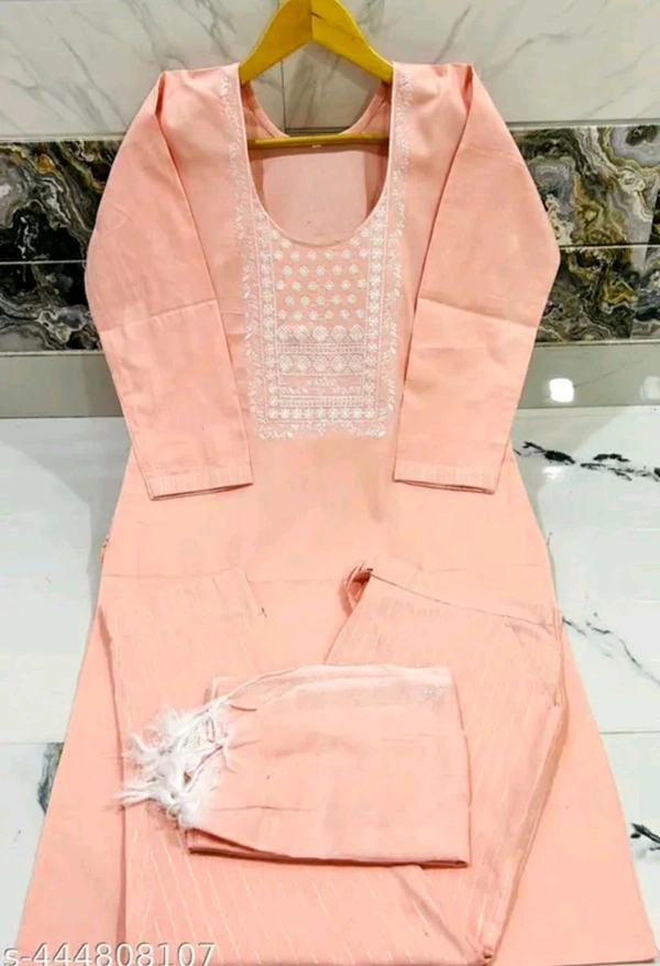 Women kurti set
Name: Women kurti set
Kurta Fabric: Cotton
Bottomwear Fabric: Cotton
Sleeve Length: Three-Quarter Sleeves
Set Type: Kurta With Dupatta And Bottomwear
Bottom Type: Pants
Pattern: Embroidered
Net Quantity (N): Single
Sizes:
 - Perano, S