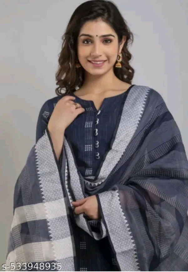 Woman Kurti Pamt NAVY BLUE cotton kurti set 
Name: NAVY BLUE cotton kurti set 

Set Type: Kurta With Dupatta And Bottomwear
Bottom Type: Pants
Pattern: Printed
Sizes:
 - L