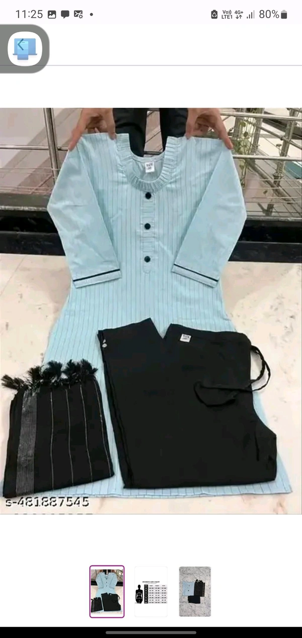 Eoman Kurti Pant Set COTTON KURTI SET
Name: COTTON KURTI SET
Kurta Fabric: Cotton
Bottomwear Fabric: Cotton
Sleeve Length: Three-Quarter Sleeves
Set Type: Kurta With Dupatta And Bottomwear
Bottom Type: Pants
Pattern: Striped
Net Quantity (N): Single
Sizes:
 - M