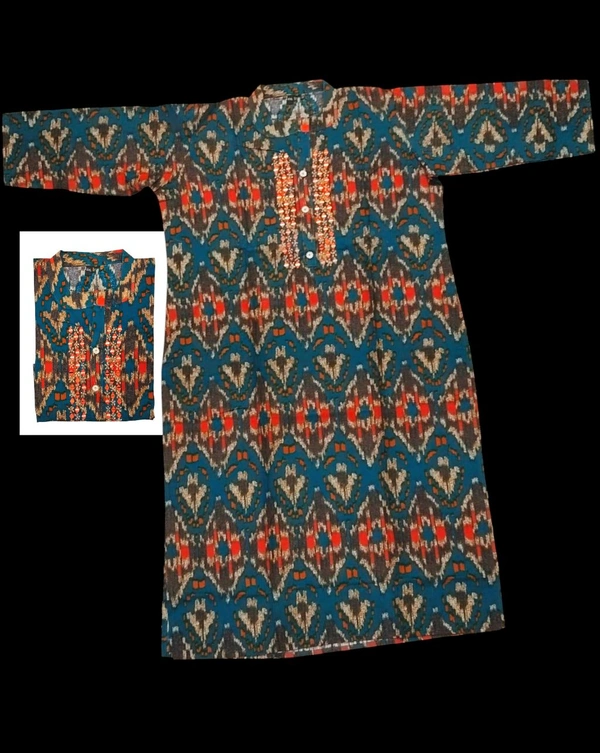 Pochampally Ikat Cotton Kurti with Mirror Work (M to XXL) - Pine Green, M To XXL Size Available