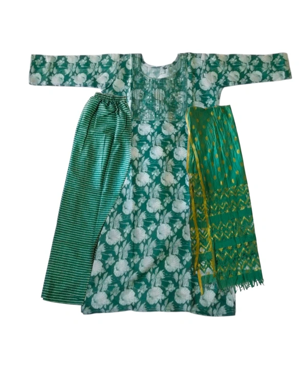 Floral Printed Green Cotton Kurta Set with Pant and Dupatta - XL Size - Pine Green, XL