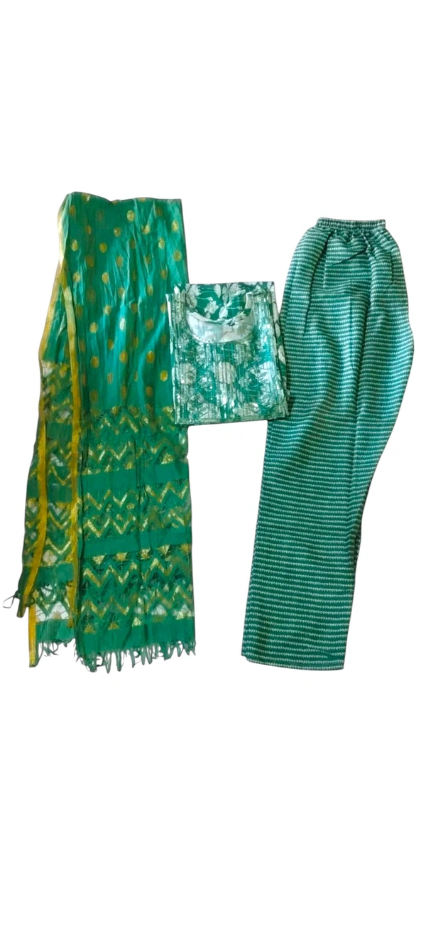 Floral Printed Green Cotton Kurta Set with Pant and Dupatta - XL Size - Pine Green, XL