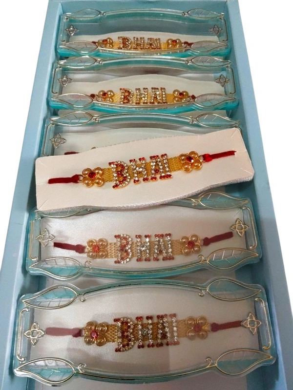 BHAI Name Brass Light Style Stone Rakhi for Brother 2Pcs - Gold, Free Size