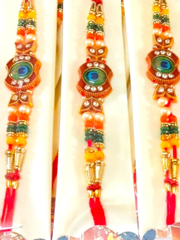 Peacock Design Stone Rakhi for Brother 6 Pcs - Red, Free Size