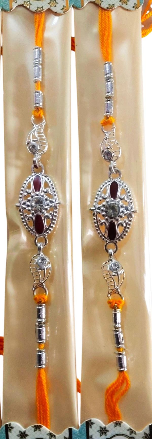 Elegant Silver-Plated Designer Rakhi with Orange Thread 2Pcs - Silver, Free Size
